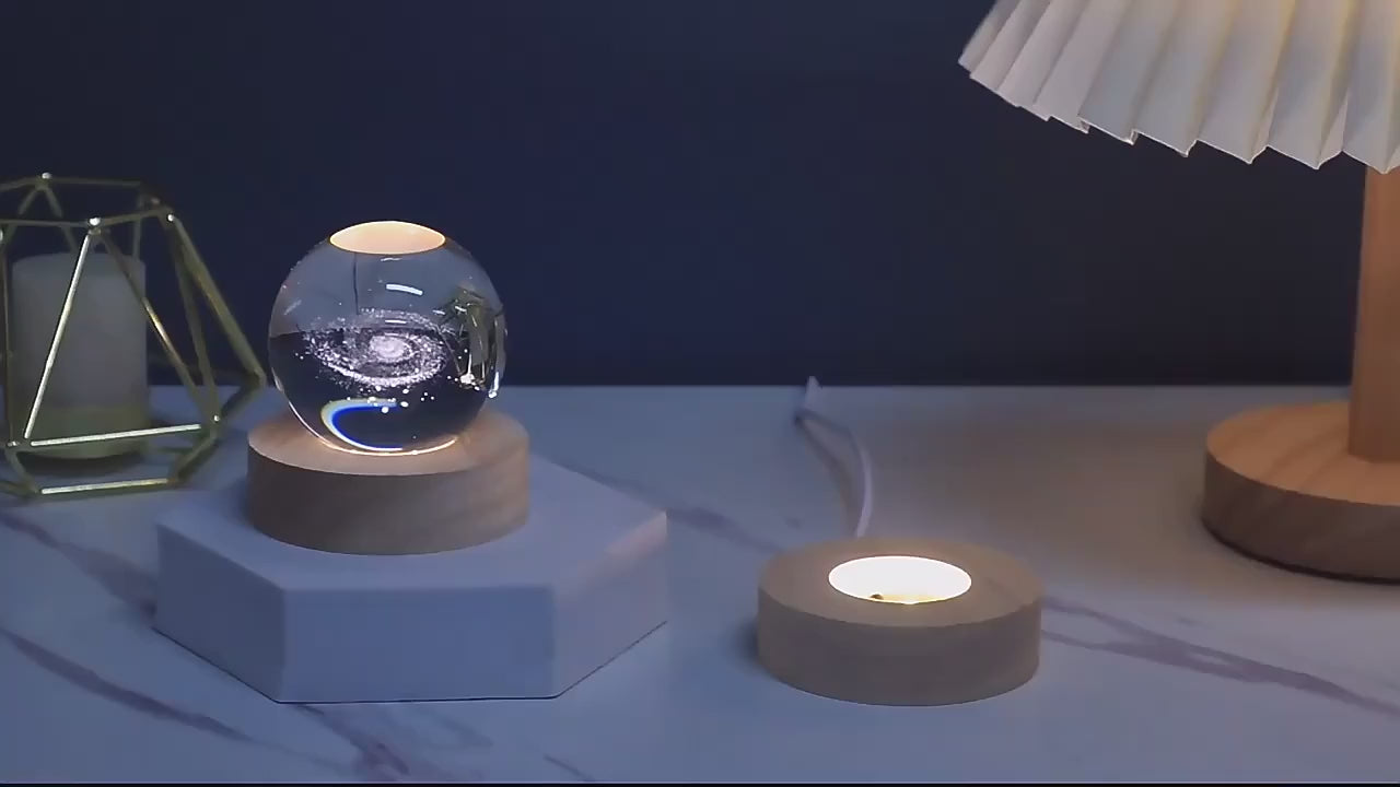 3D Crystal Galaxy Ball Night Lamp with Wooden Base (6cm)  Solar System - Moon - Earth - Heart Cloud - Crescent -Moon Walk