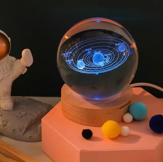 3D Crystal Galaxy Ball Night Lamp with Wooden Base (6cm)  Solar System - Moon - Earth - Heart Cloud - Crescent -Moon Walk