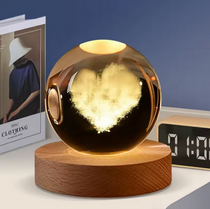 3D Crystal Galaxy Ball Night Lamp with Wooden Base (6cm)  Solar System - Moon - Earth - Heart Cloud - Crescent -Moon Walk