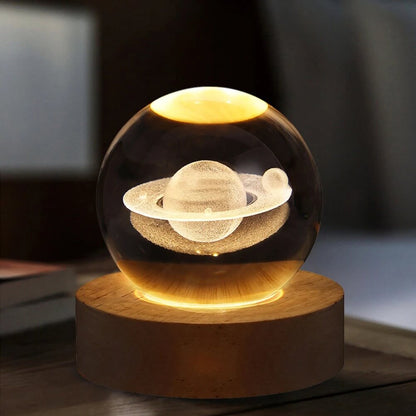 3D Crystal Galaxy Ball Night Lamp with Wooden Base (6cm)  Solar System - Moon - Earth - Heart Cloud - Crescent -Moon Walk