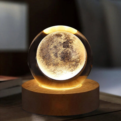 3D Crystal Galaxy Ball Night Lamp with Wooden Base (6cm)  Solar System - Moon - Earth - Heart Cloud - Crescent -Moon Walk