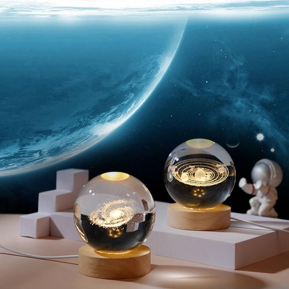 3D Crystal Galaxy Ball Night Lamp with Wooden Base (6cm)  Solar System - Moon - Earth - Heart Cloud - Crescent -Moon Walk